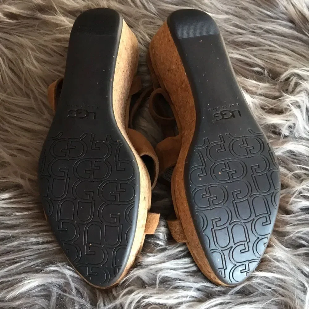 UGG Strappy leather sandals wedge heel 7 brown